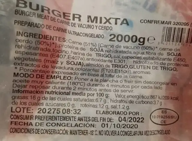 Hamburguesa nutrition facts table