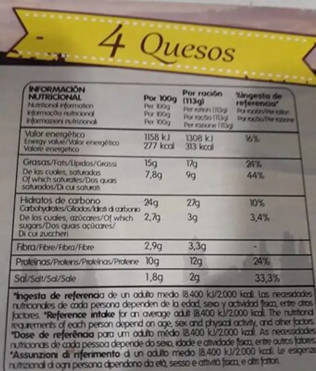Pizza4 quesos nutrition facts table