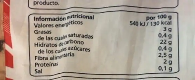 Patata brava cuadrada nutrition facts table