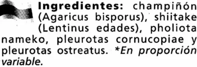 Salteado de Setas ingredients label