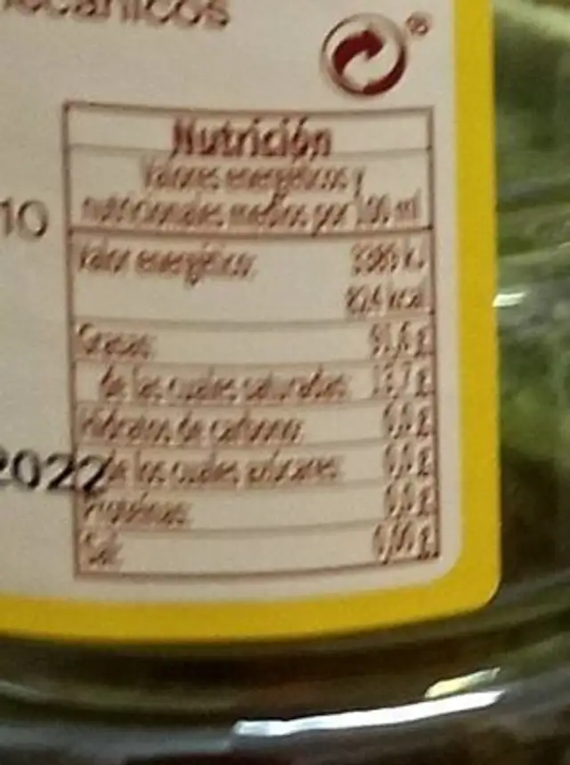 Aceite de oliva virgen extra nutrition facts table