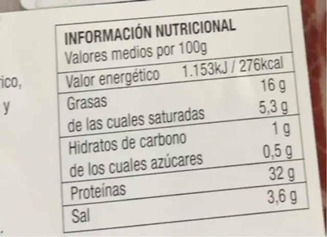 Paleta de Cebo Iberica 50% raza iberica nutrition facts table
