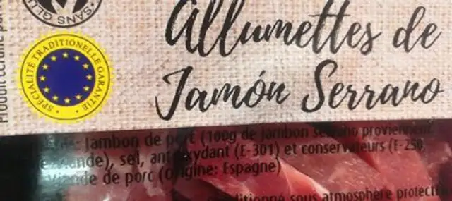 Allumettes de Jamon Serano ingredients label