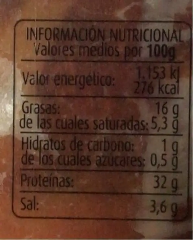 Paleta de Cebo Iberica nutrition facts table