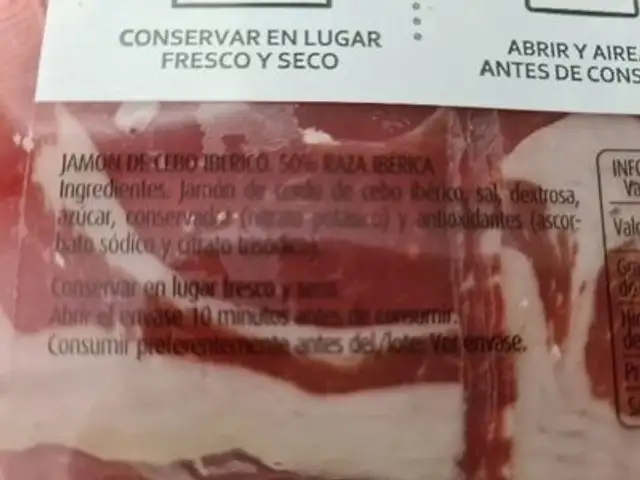 Jamón de cebo ibérico ingredients label