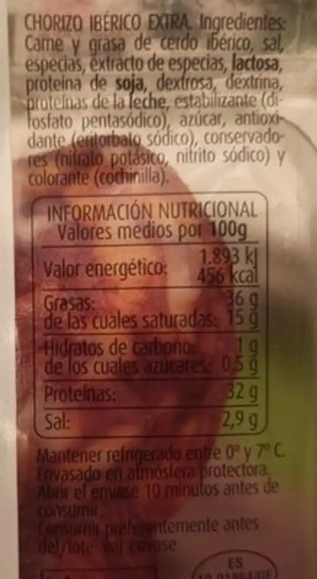 Chorizo ibérico extra nutrition facts table