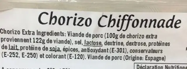 Chorizo Chiffonnade ingredients label