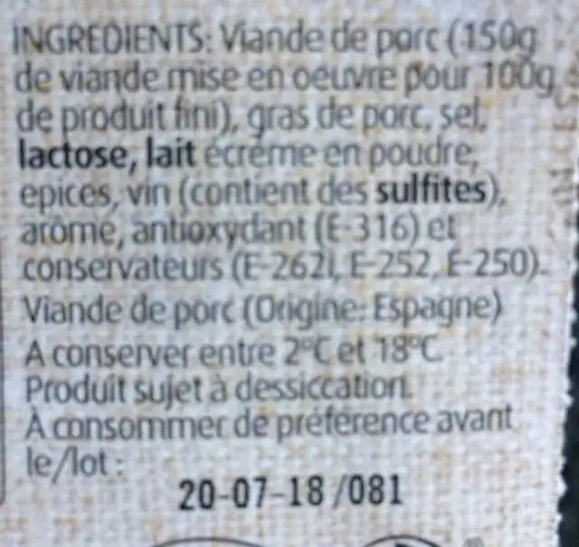 Fuet Extra Catalan 170G ingredients label