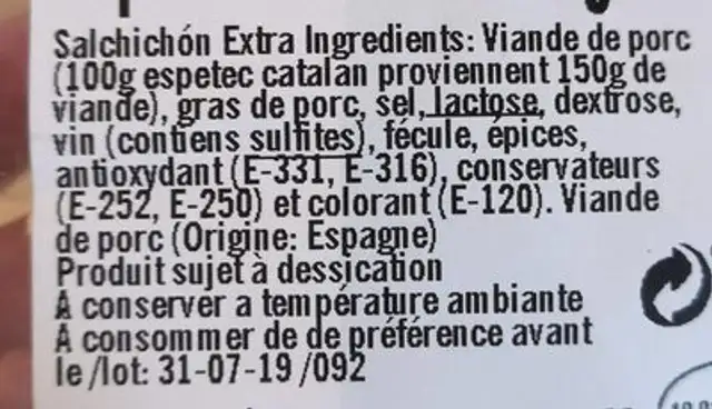 Espetec Catalan ingredients label