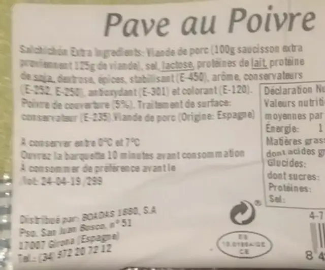 Pavé au poivre ingredients label