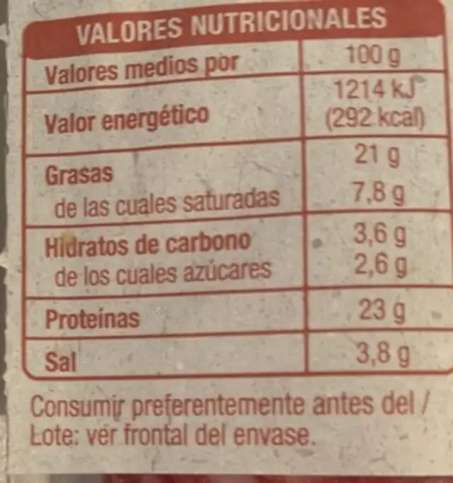 Salchichon Extra sin gluten nutrition facts table