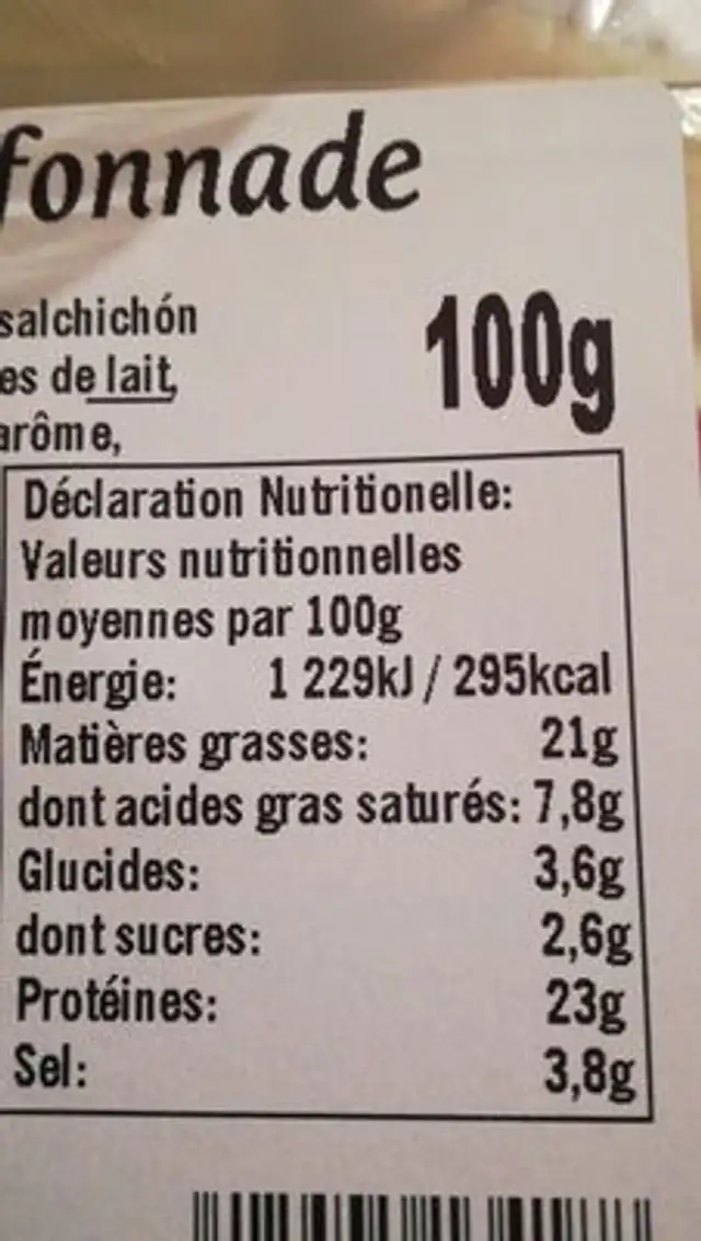 Saucisson Chiffonnad ingredients label