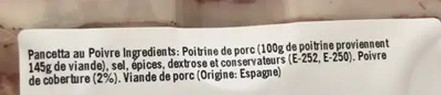 Panceta au poivre ingredients label