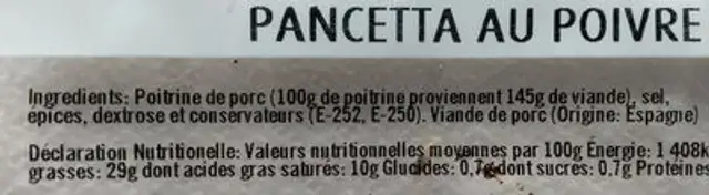 Pancetta au poivre ingredients label