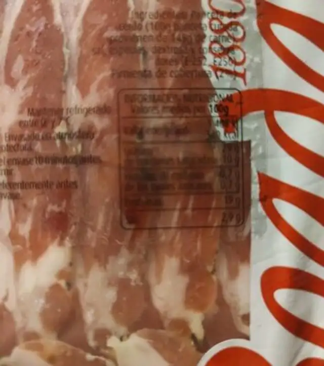 Panceta Curada Pilienta nutrition facts table