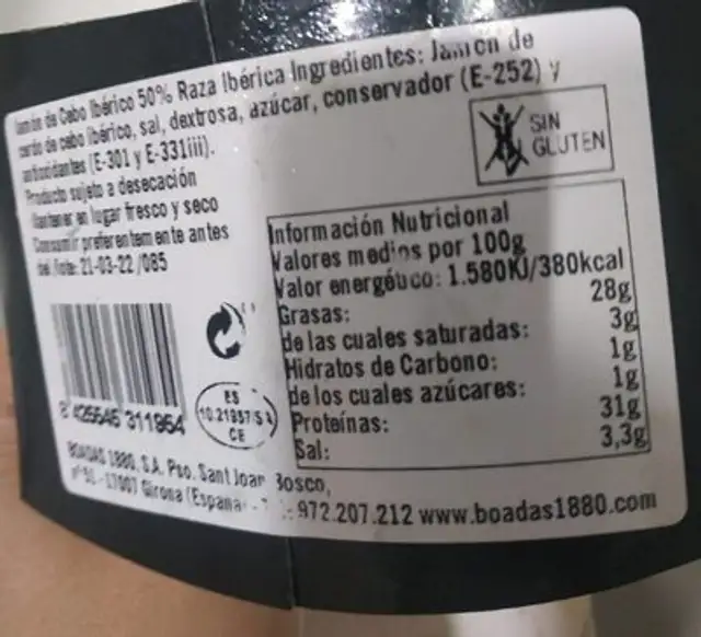 Jamón de cebo ibérico 50% raza ibérica nutrition facts table