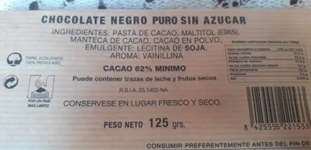 Chocolate negro puro sin azúcar nutrition facts table