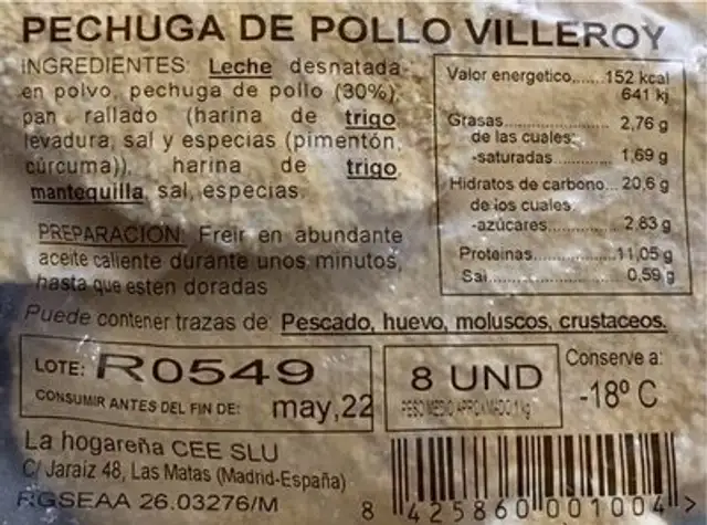 Pechuga de pollo Villeroy nutrition facts table