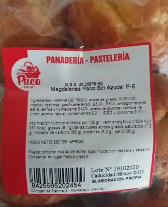 Magdalenas Paco sin azúcar nutrition facts table