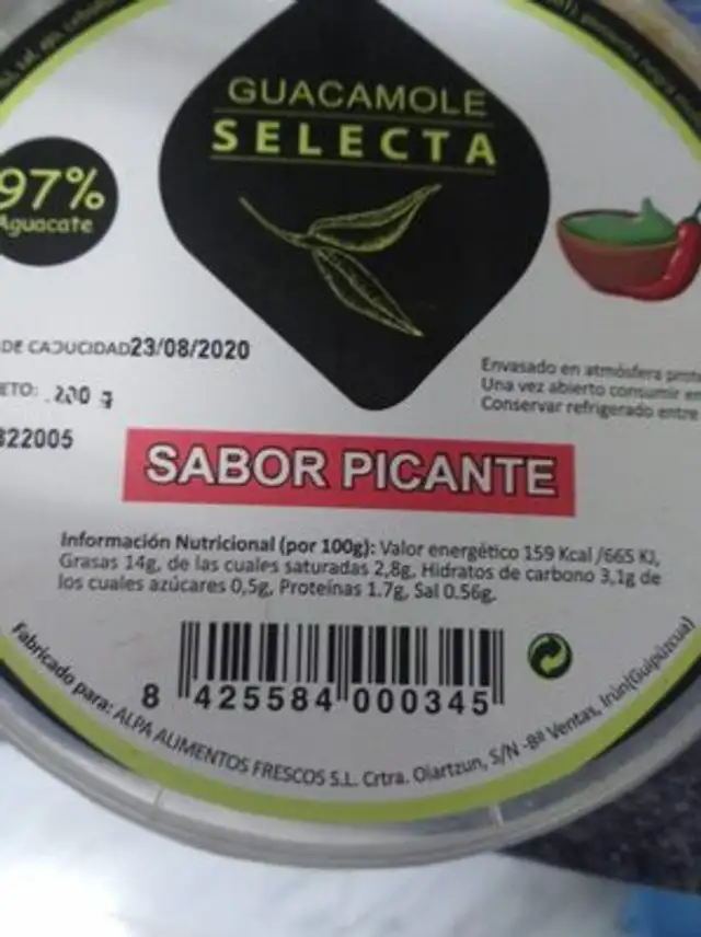 Guacamole sabor picante nutrition facts table
