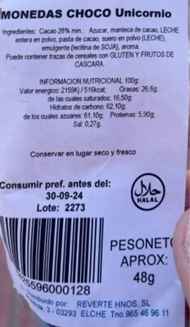 Monedas choco Unicornio nutrition facts table
