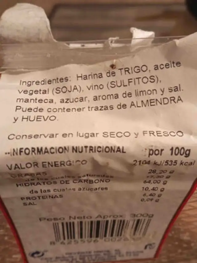 Rollitos de vino ingredients label