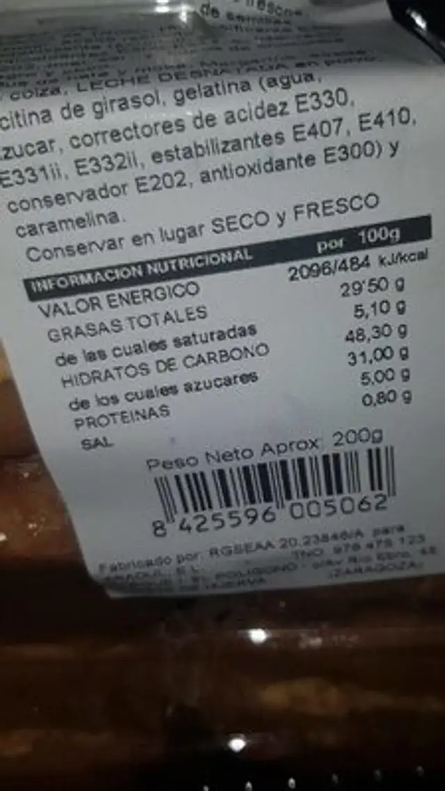 Delfines Nata y Moka nutrition facts table