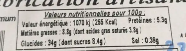 Tourtière poires chocolat nutrition facts table