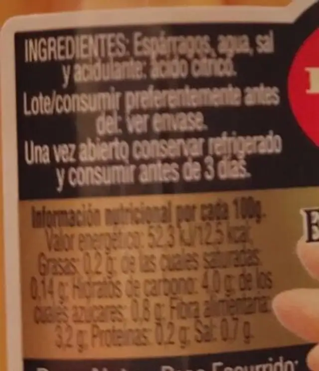 Espárragos Cortos extra nutrition facts table