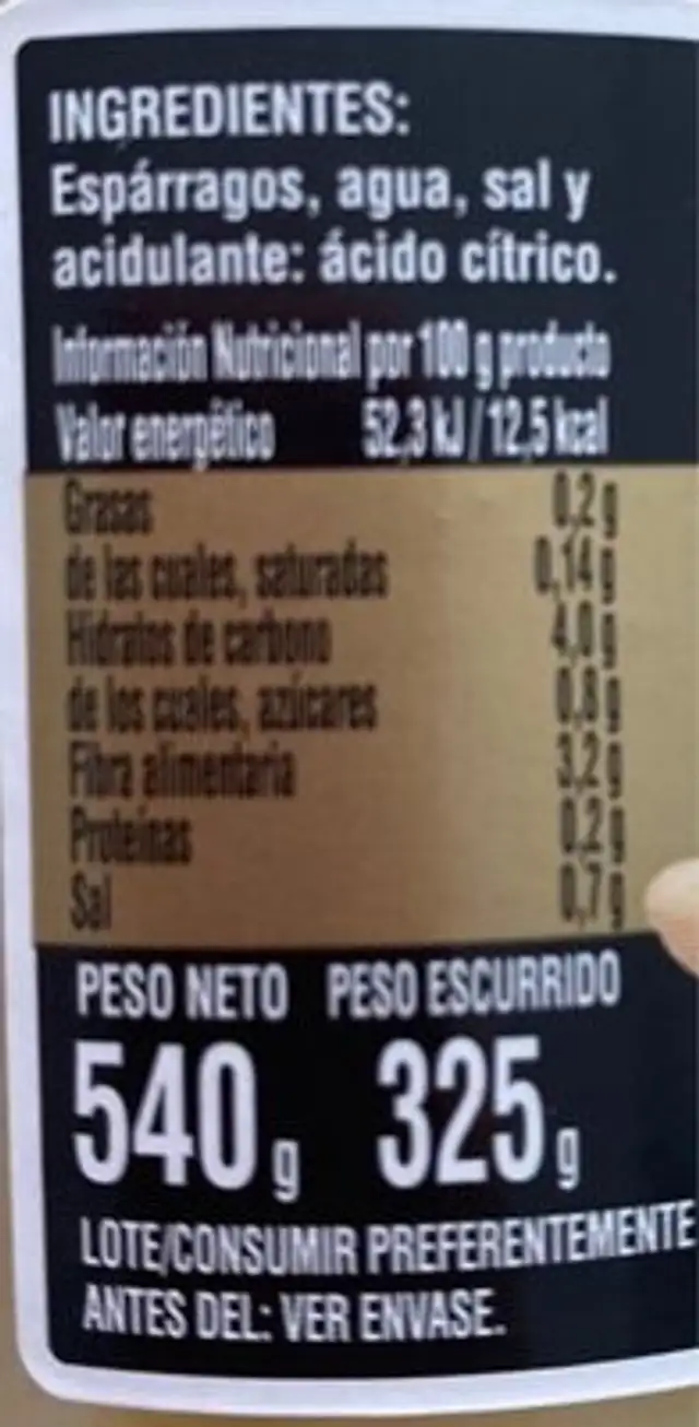 Esparragos blancos nutrition facts table