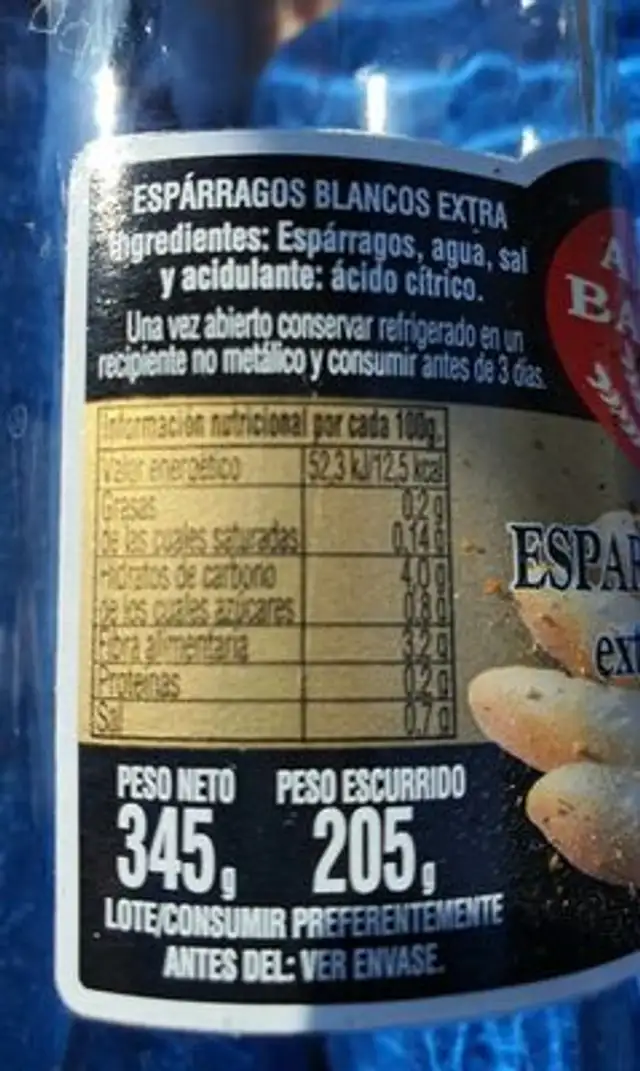 Espárragos blancos extra grueso nutrition facts table