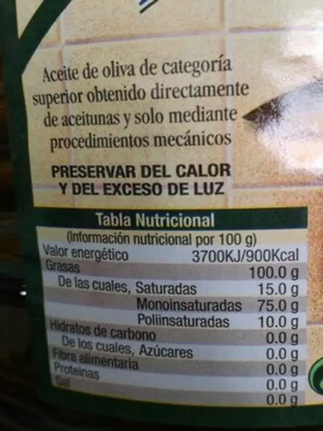 Aceite de oliva virgen extra nutrition facts table