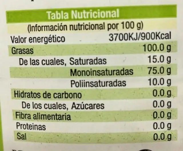 Aceite de oliva virgen extra nutrition facts table
