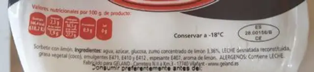 Sorbete de limu nutrition facts table