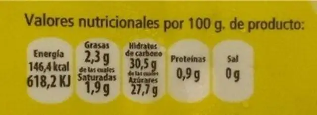 Sorbete limon nutrition facts table