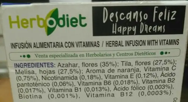 Infusión happy dreams nutrition facts table