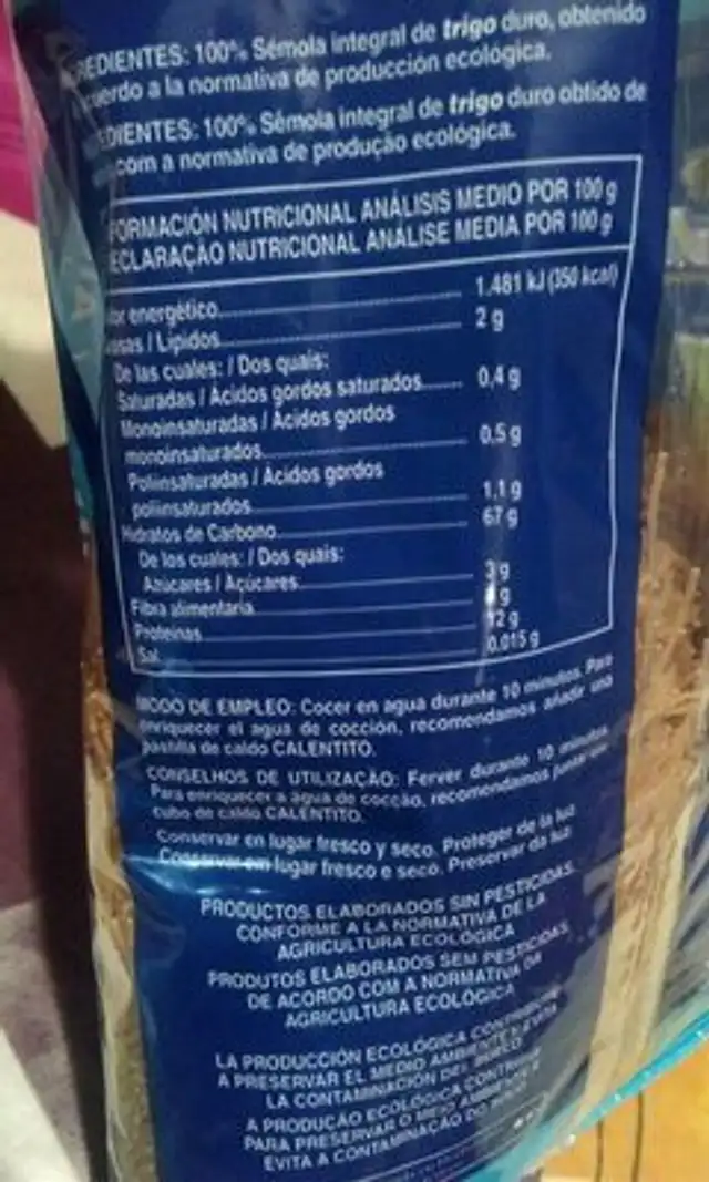Pasta alimenticia integral nutrition facts table