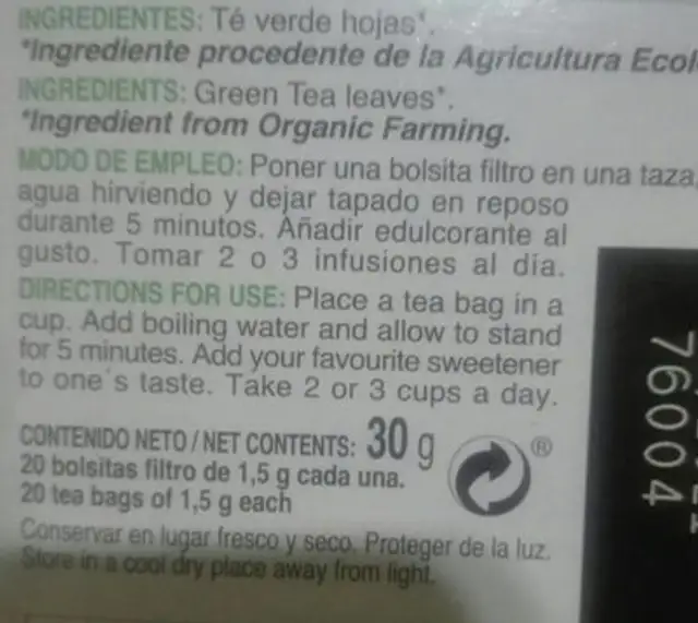Té verde nutrition facts table