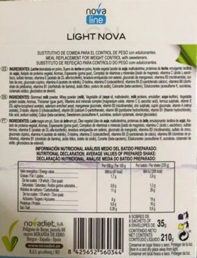 Light Nova nutrition facts table