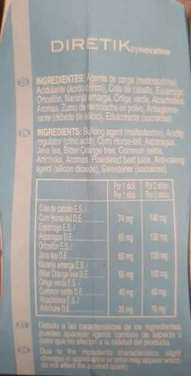 Diretik nutrition facts table