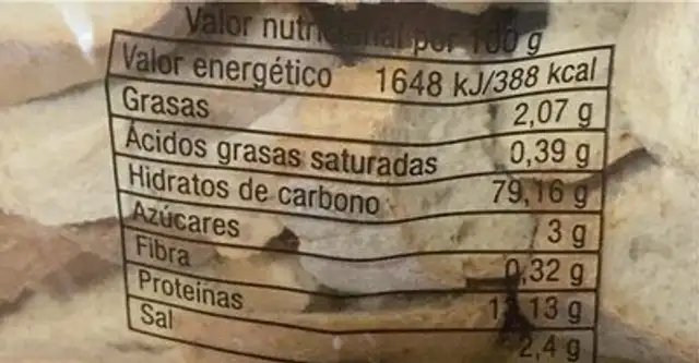 Bizcocho nutrition facts table