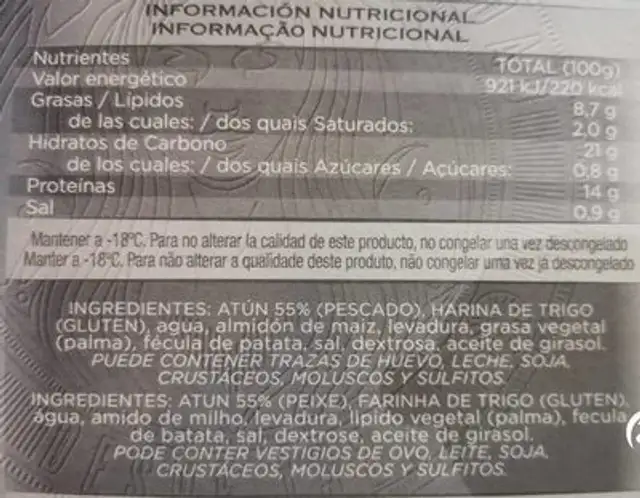 Filetes de atún empanados nutrition facts table