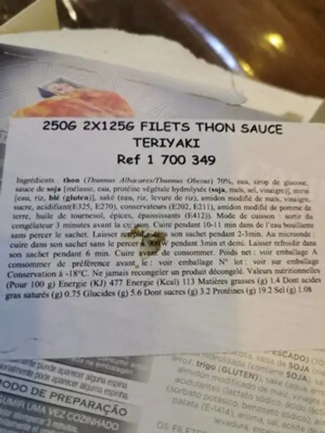 Filets de atùn nutrition facts table