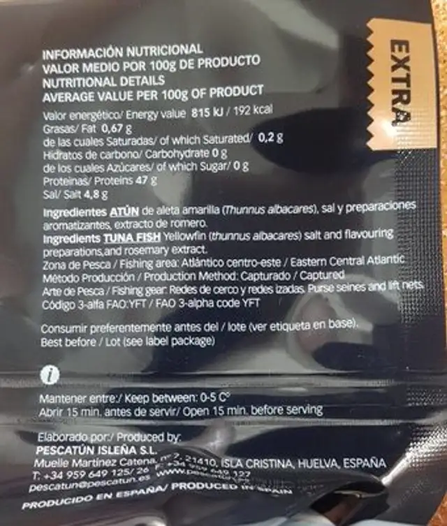 Mojama nutrition facts table
