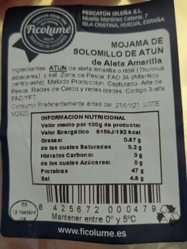 Mojama de solomillo de atún nutrition facts table