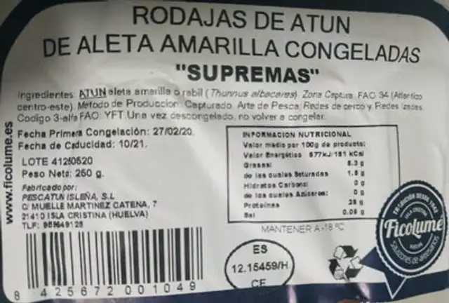 Rodajas de atún de aleta amarilla congeladas nutrition facts table