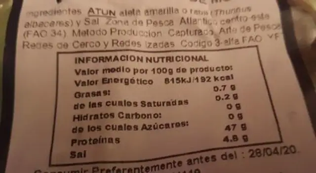 Cabecillas de mojama nutrition facts table