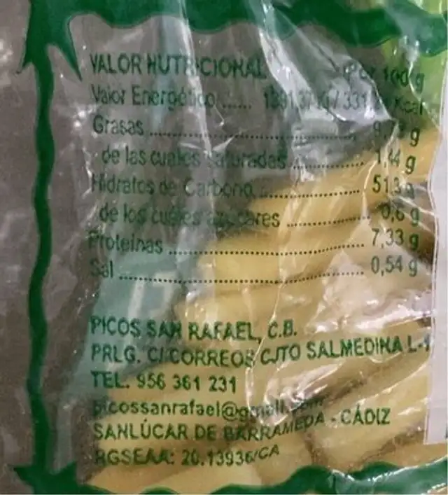 Palitroques San Rafael nutrition facts table