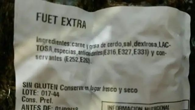 Fuet extra sin gluten ingredients label