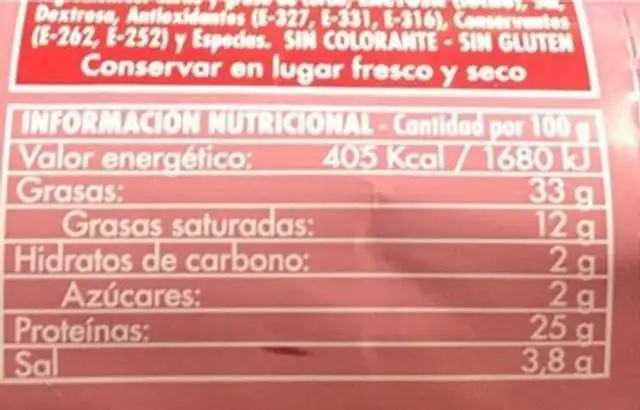 Secallona nutrition facts table